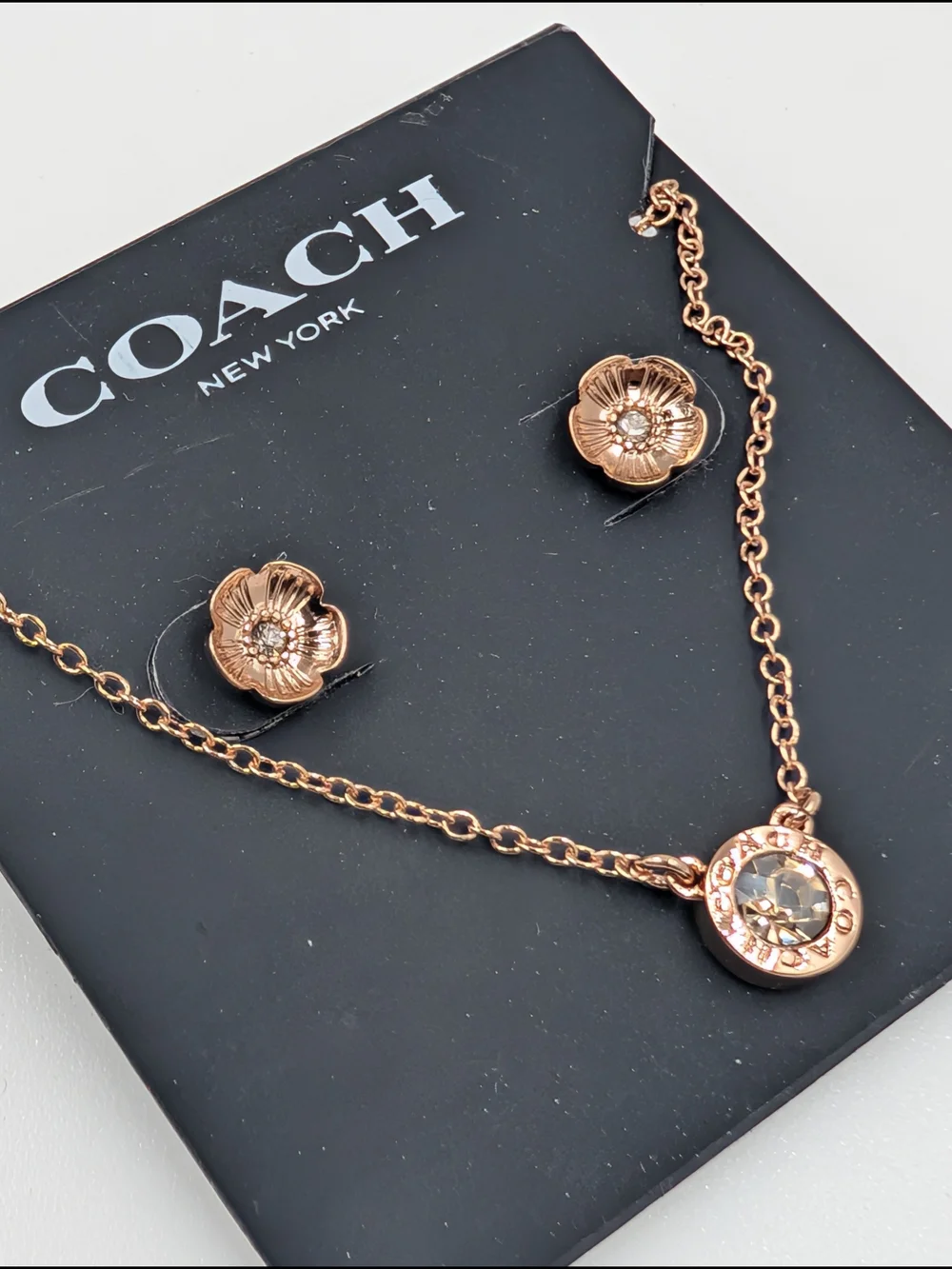 Coach Rose Gold Floral Crystal Necklace and Studs Set